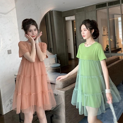 孕妇装夏装2021新款网纱连衣裙中长款孕妇夏季拼接短袖孕妇裙套装