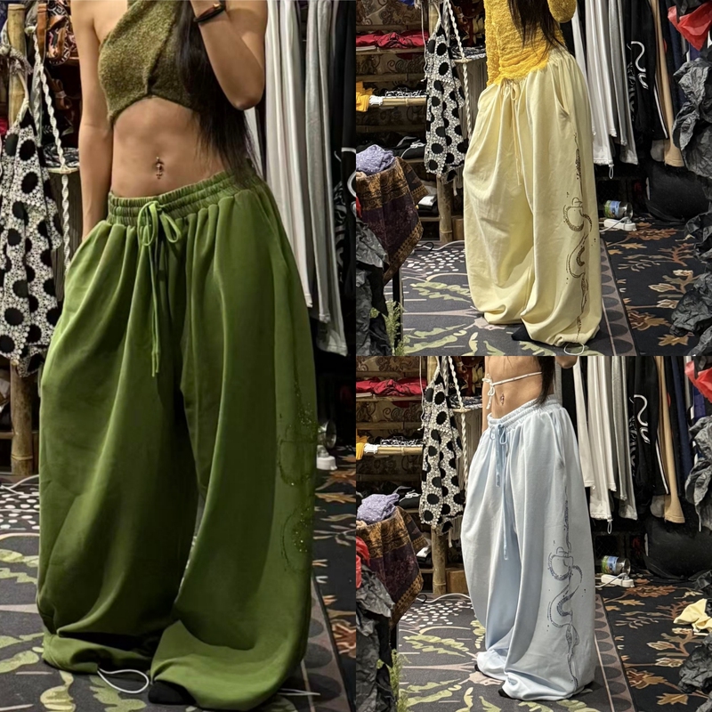 American Street Dance Sparkling Snake-Shaped Rhinestone Sports Pants for Men and Women, Spring and Summer Jazz Dance Fitness Loose Wide-Leg Pants