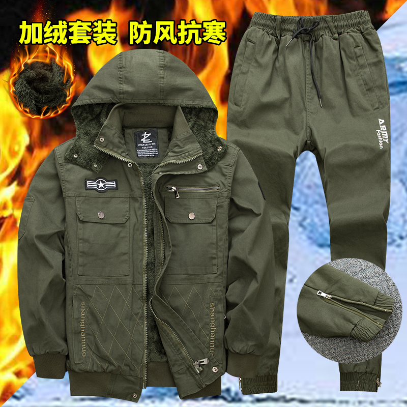 Work clothes men's winter plus suede thickened abrasion-proof labor conserved pure cotton elastic welding workwear anti-cold tooling camouflate suit