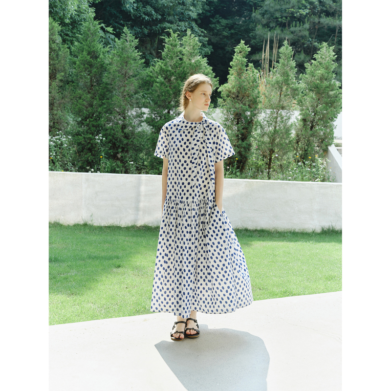 Digwill French Lace-Up Polka-Dot Dress with Large Hem and Loose Long Skirt
