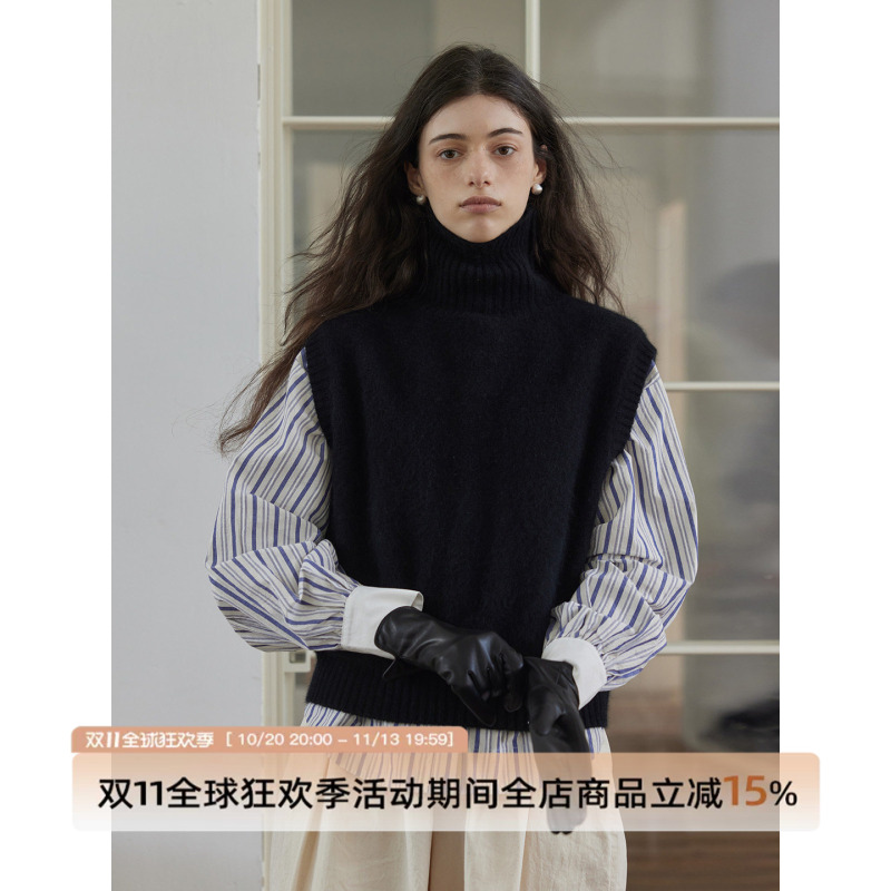 Digwill Wool Turtleneck Solid Color French Style Layered Sweater Vest