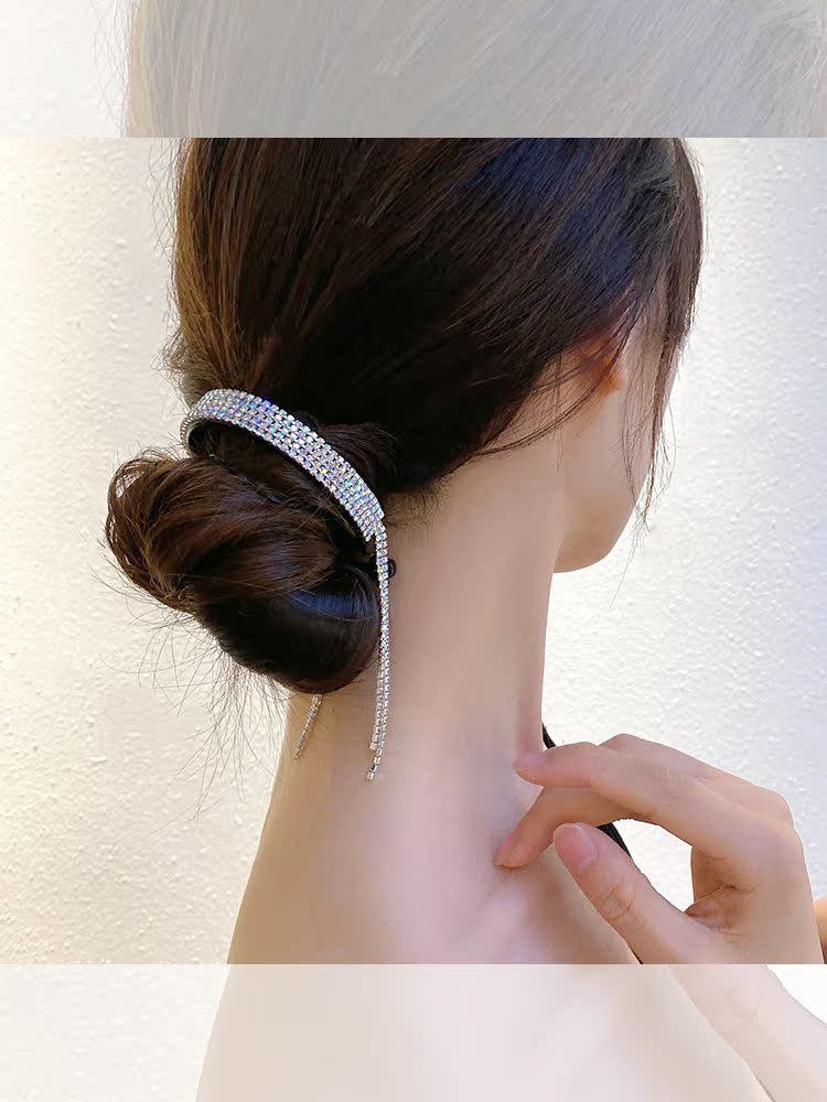 High-end full drill back head tassel hairpin headdress Korean temperament long celebrity headband tie hair ring hairpin