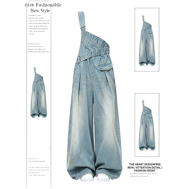 Ren Suxi Style Splash-Ink Denim Overalls for Women, New Vintage Distressed Loose Wide-Leg Jumpsuit for Summer, Spring, and Autumn