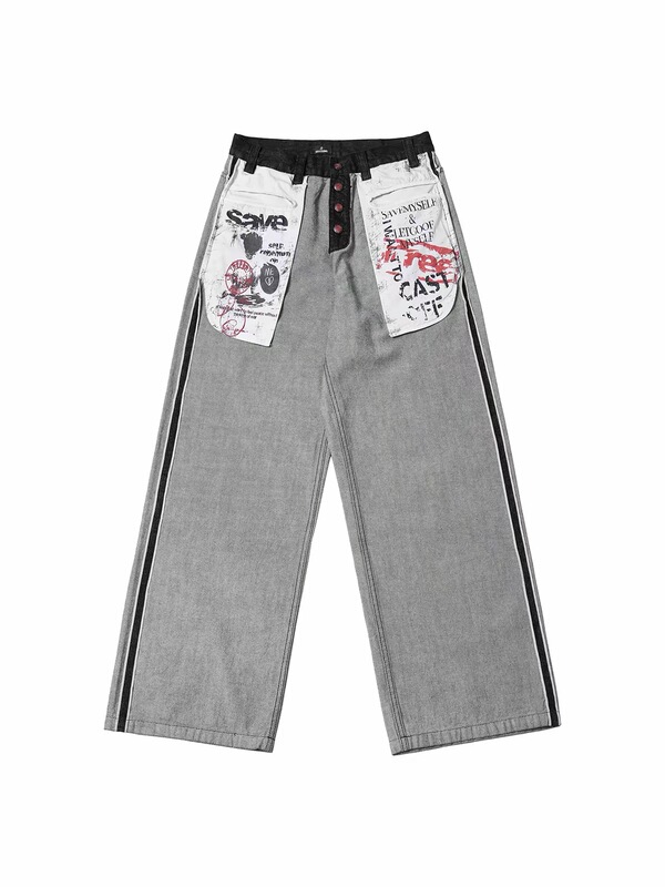 Pre Selvedge Red-Edged Reverse Raw Denim Washed and Bleached Large Pocket Straight-Leg A-Line Wide-Leg Loose Narrow Denim Jeans