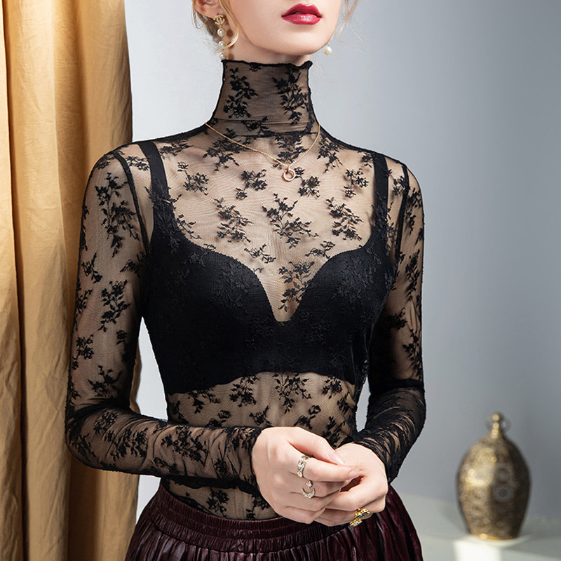 European Style High-Neck Lace Mesh Base Shirt for Women, Transparent and Sexy, High-End Black T-Shirt, Sheer Top, Thin