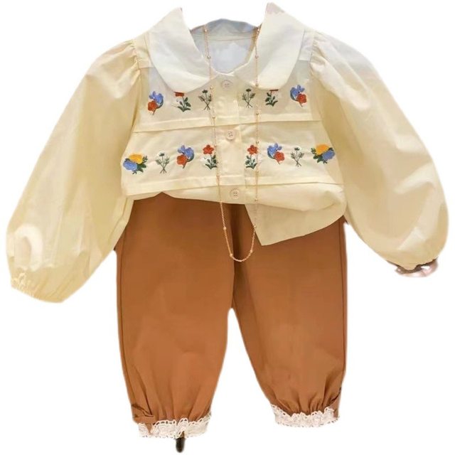 Girl baby shirt 2023 new spring and autumn clothes Korean version of the all-match shirt foreign style embroidered doll shirt pants suit trendy