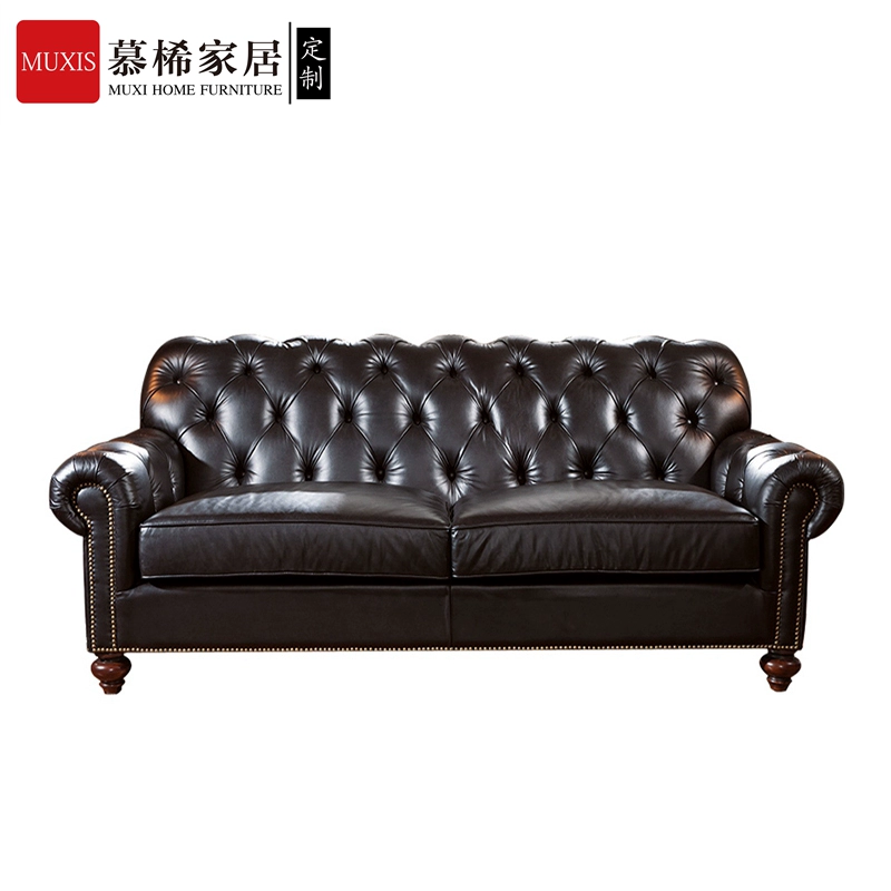 Đất nước Mỹ tân cổ điển gỗ rắn da sofa biệt thự phòng khách da sáp dầu đen da mềm túi kéo nút tùy chỉnh ghế sofa - Ghế sô pha