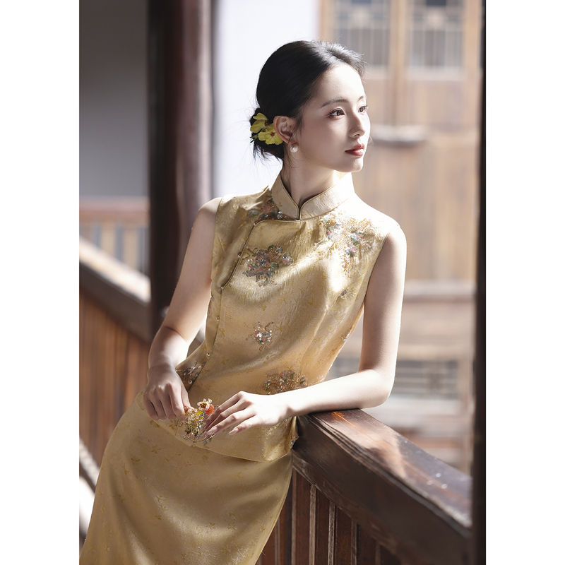 New Chinese-Style Yellow Engagement Dress Set, High-End Sleeveless Cheongsam, Toast Dress, Bride's Morning Gown, Homecoming Outfit, Casual Wear