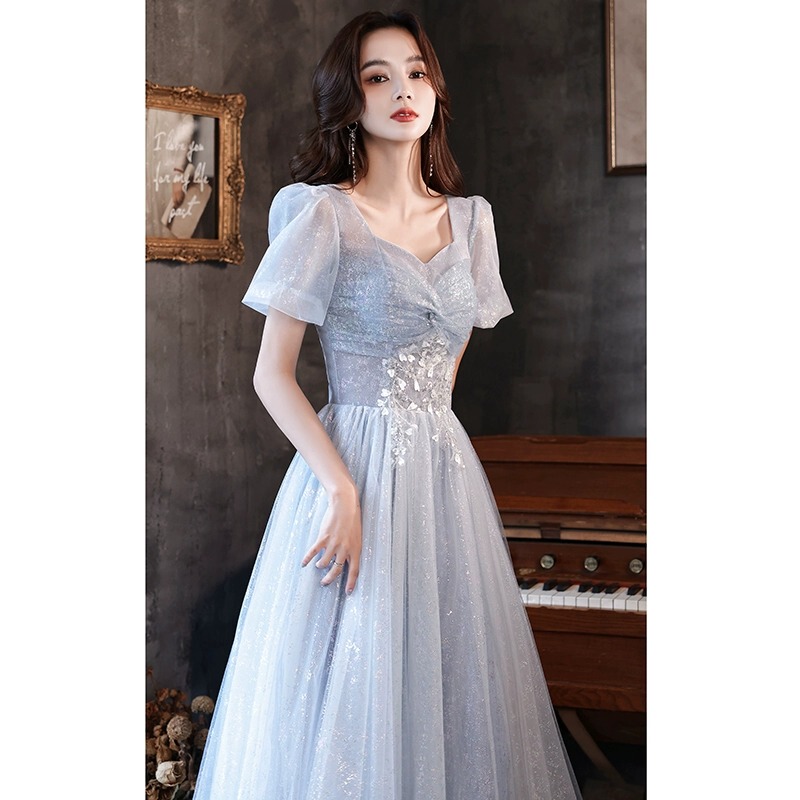 Blue Evening Dress for Women 2026 New Style Light Luxury Niche High-End Host Performance Exam Banquet Coming-Of-Age Ceremony Performance Dress