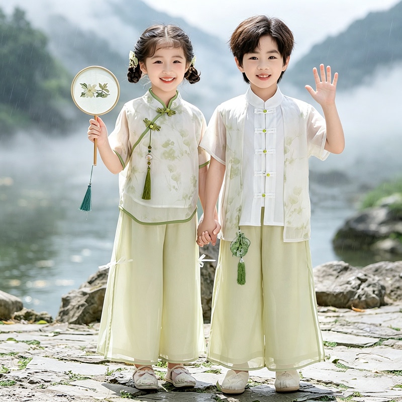 Children's Hanfu Set Summer Traditional Chinese Style Ancient Costume for Boys and Girls, Tang Suit for Reciting Chinese Classics and Poetry, June 1St Chorus Performance Outfit