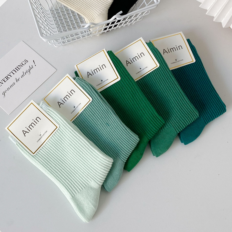 Women's Mid-Calf Socks, Spring and Autumn Style, Pure Cotton, Green, Trendy Japanese Cute Long Socks, 2021 New Autumn and Winter Slouch Socks