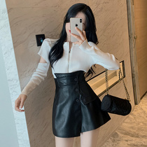 Black leather pants shorts womens summer wear 2021 new high waist thin a word irregular trouser skirt wide leg pants