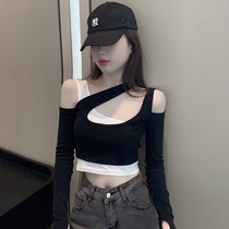 Word shoulder top summer 2021 new womens design sense niche chic fake two-piece off-the-shoulder long-sleeved t-shirt tide