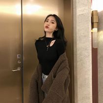 Semi-high collar black base shirt female spring and autumn collarbone long sleeve T-shirt sexy tight hollow cut-out shoulder top tide tide
