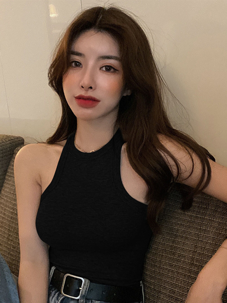 Black I-shaped hanging neck camisole women's summer wear hot girls sexy tight short bottom sleeveless top