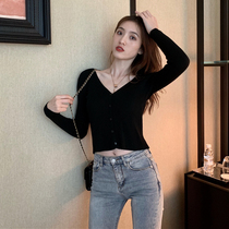 V-neck black small knitted cardigan sweater jacket womens summer new short slim base shirt long-sleeved top