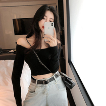 Black long sleeve shoulder T-shirt female summer 2021 New slim base shirt sexy navel short top