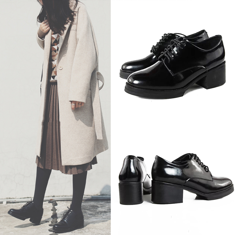 Black Leather Shoes for Women, British Style, Autumn and Winter, Fleece-Lined, Retro, Thick-Soled, Height-Increasing, Lace-Up, Single Shoes, High-Heeled, Chunky-Heeled, Oxford Shoes