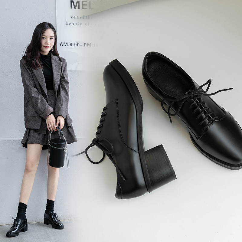 Thick-Soled British-Style Suit Leather Shoes for Women, Professional Retro Black Versatile Lace-Up Single Shoes, Women's High-Heeled Height-Increasing Oxford Shoes