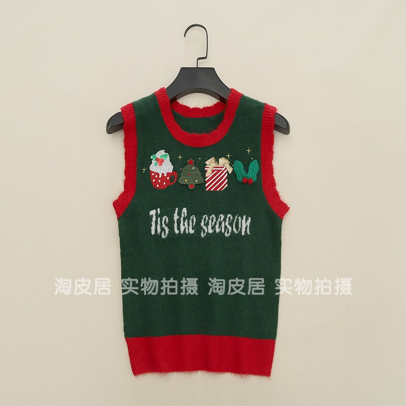 53658 Ireland Single~ Cute Christmas Style Embroidered Sequin Color-Block Round Neck Knitted Vest Sweater for Women 0.17
