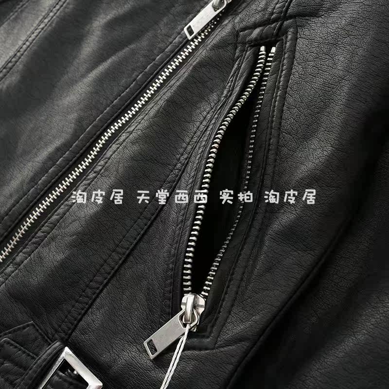 Кожаная куртка 22320韩国单~超软仿绵羊皮黑色修身帅气机车翻领皮衣外套女0.67