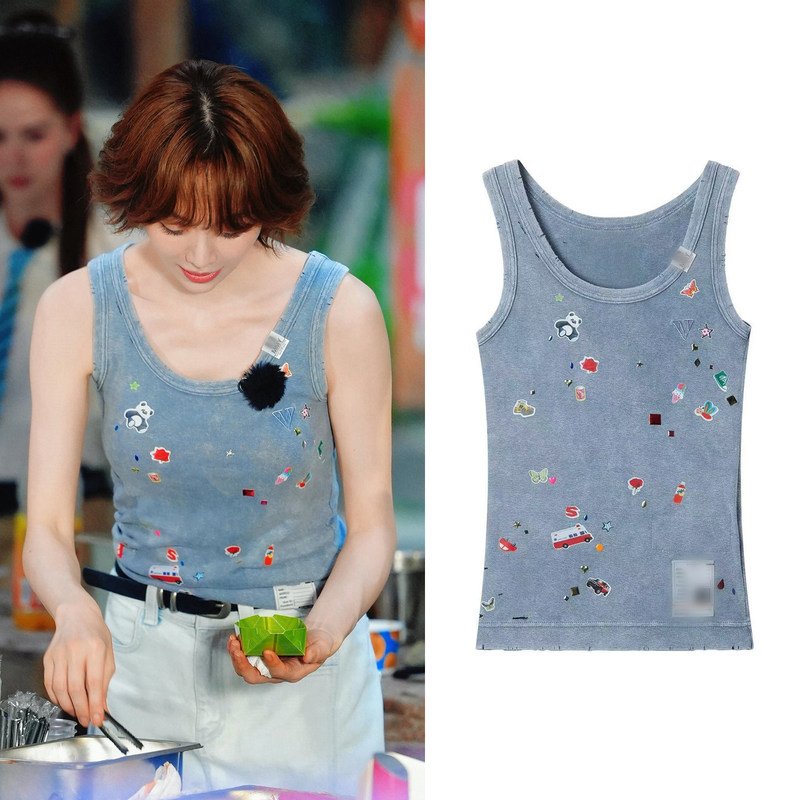 Chinese Restaurant Star Jiang Yan's Same Style Blue Cartoon Graffiti Vest for Women, Summer Slim-Fit U-Neck Sleeveless Outerwear Vest