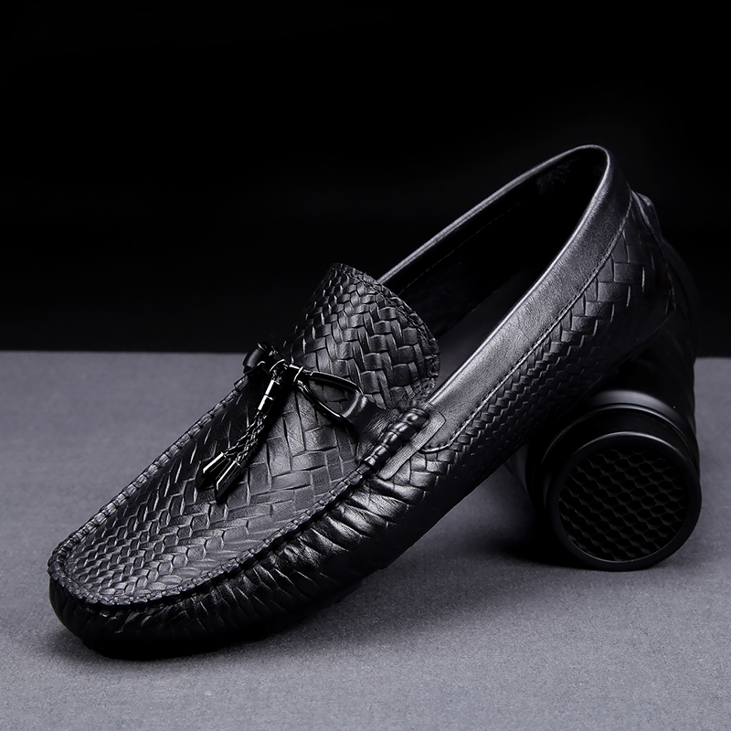 Tide Cards 2022 Spring Summer New Fashion Genuine Leather Men Business Casual Beans Shoes Inglées Weave Set Foot Sloth Shoes