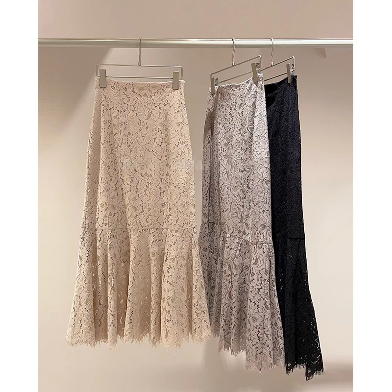 Small Puff Japanese Style Spring and Autumn Clear Style Women's Clothing Sweet High-Waisted Slimming Lace Hollow-Out Bodycon Fishtail Long Skirt