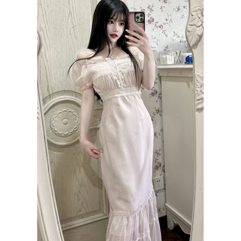 【Shipping Fee Supplement of Five Yuan】Small Puff Japanese-Style Summer Fresh One-Shoulder Dress Pure Desire Lace Waist-Cinching Long Dress