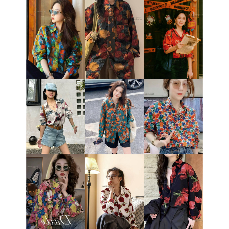 Retro Hong Kong Style 90S Nostalgic Annual Party Performance Outfit Niche Long-Sleeved Floral Shirt for Men and Women