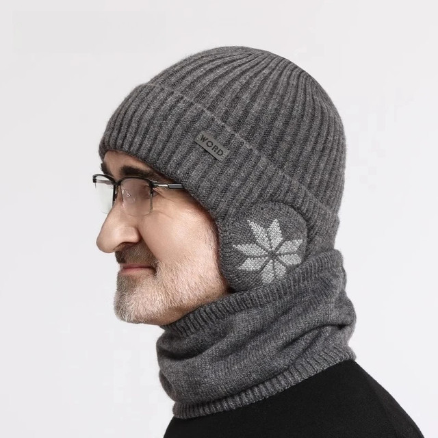Elderly Men's Winter Hat 2024 New Style Grandpa Thickened Fleece-Lined Windproof Ear Protection Scarf Integrated Woolen Hat