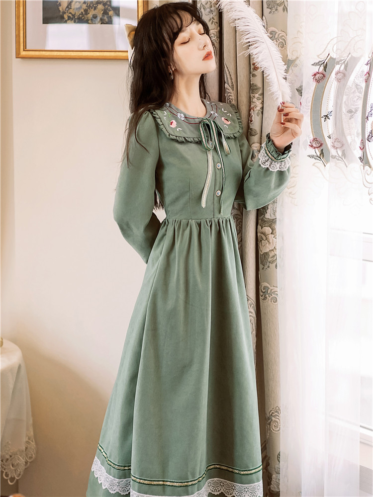 Autumn Winter 2021 New mint Green Ocean dress Japanese Embroidery Doll Collar Fairy skirts Senqi Supersenssen