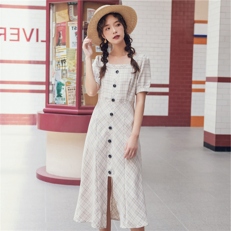 North Shore about French retro square collar dress waist slim temperament light mature style summer slim dress