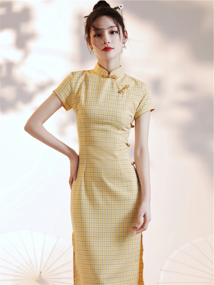 2021 new fashion checkered qipao Xiaoqing's new sweet and beautiful young girl Chinese wind improved version of the ocean dress