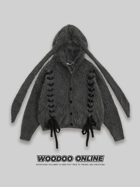 Woodoo Niche Design, Retro and Unique Hooded Tie-Up Lazy Design, Unisex Knit Sweater