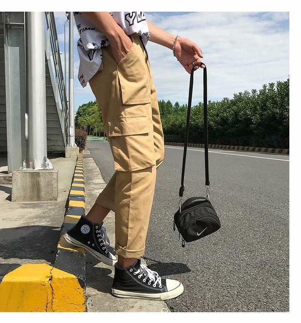 Yu Wenle ulzzang overalls nam thương hiệu thủy triều Harlan chùm quần giản dị bf gió 9 điểm in quần quần vải nam