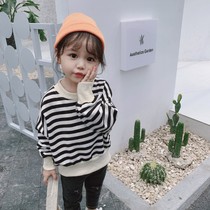 Girls 2021 New sweater Korean version of the tide spring and autumn women baby stripes casual Childrens coat base shirt