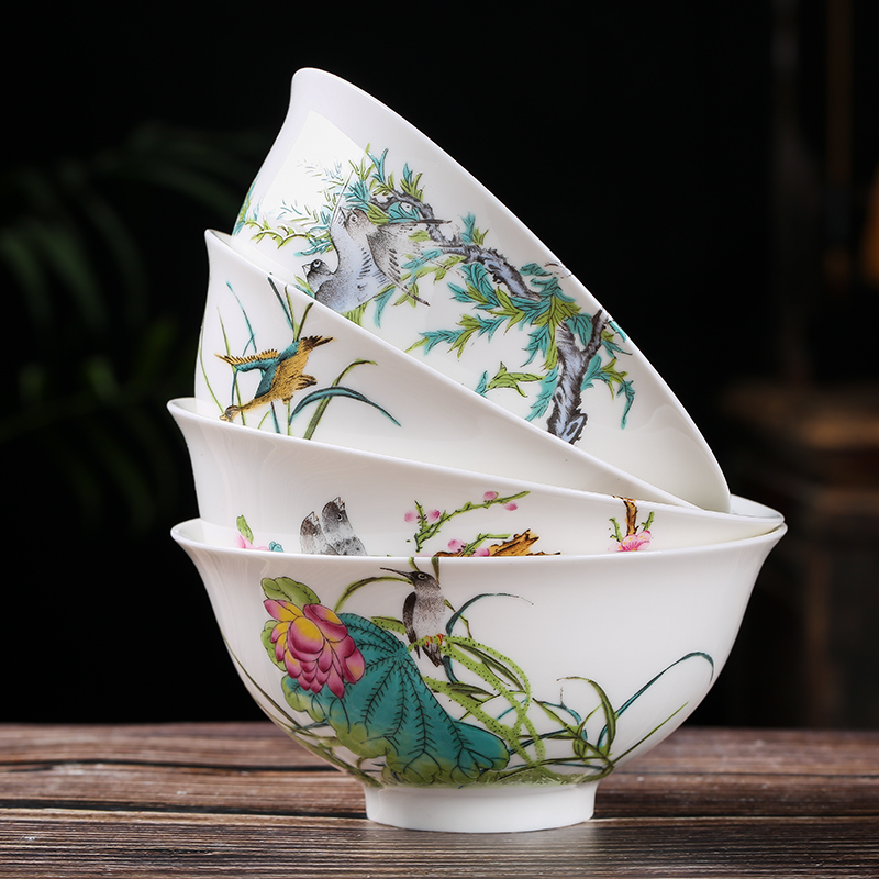 The dishes suit household jingdezhen ceramic bowl chopsticks ipads porcelain tableware to eat bowl soup bowl noodles soup bowl The four seasons of flowers and birds