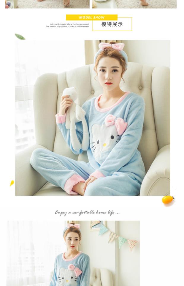 Bộ đồ ngủ nữ mùa đông dày mùa thu Flannel dài tay Hoạt hình Hàn Quốc Lông cừu Coral Xám Leopard Dịch vụ nhà ấm áp những kiểu đồ bộ thun may
