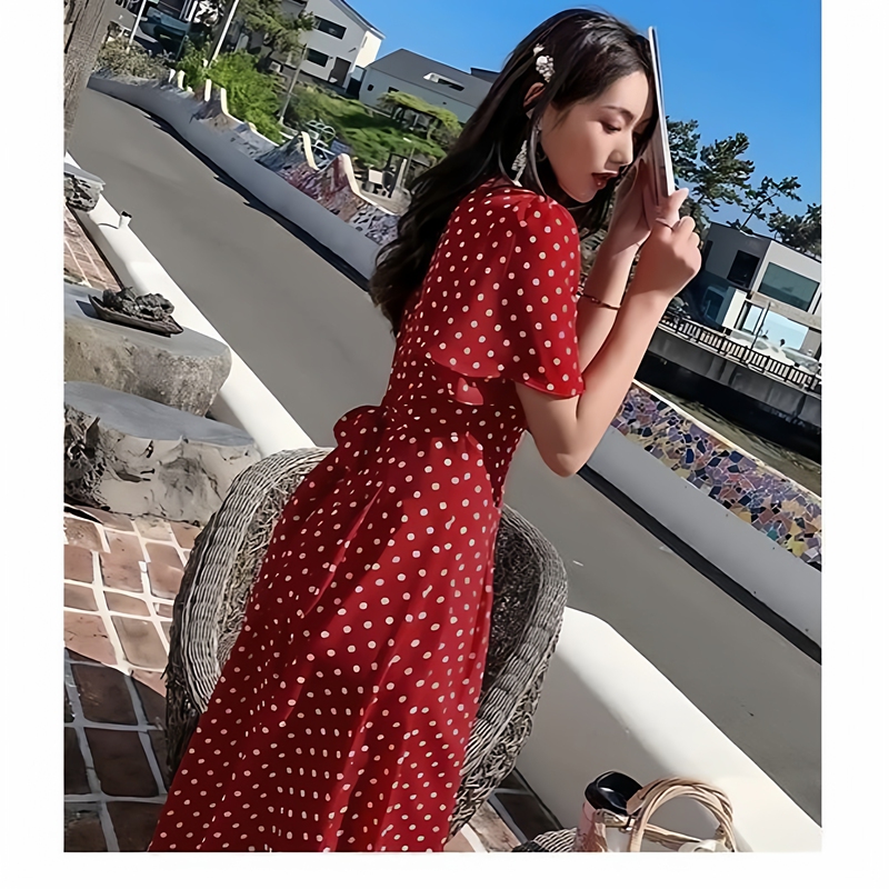 French Retro Polka Dot Dress 2025 Summer Style Elegant Mid-Length Red Elastic Waist V-Neck A-Line Skirt Hong Kong Style