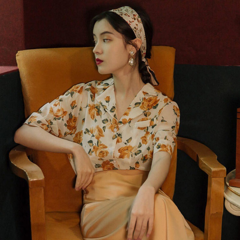 Hong Kong Style Retro Women's Clothing 80S Chiffon Shirt Art Student Skirt Dress Set Floral Shirt Top Chic