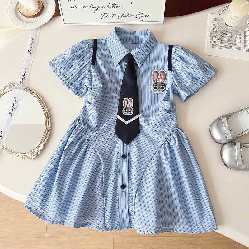 Girls' Academy Summer Polo Dress Children's 2024 Summer New Striped Shirt Dress Baby Princess Dress