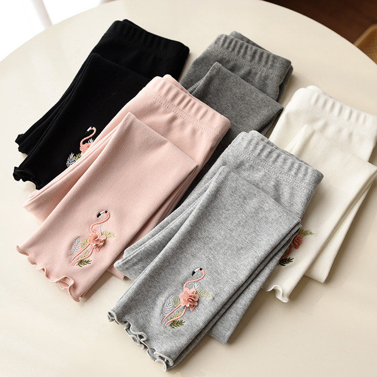2021 Spring Autumn Season New Middle Children's Wood Ear Side Casual Inner Lap Pants Girl Cartoon Embroidery Sashimi Pants Tide