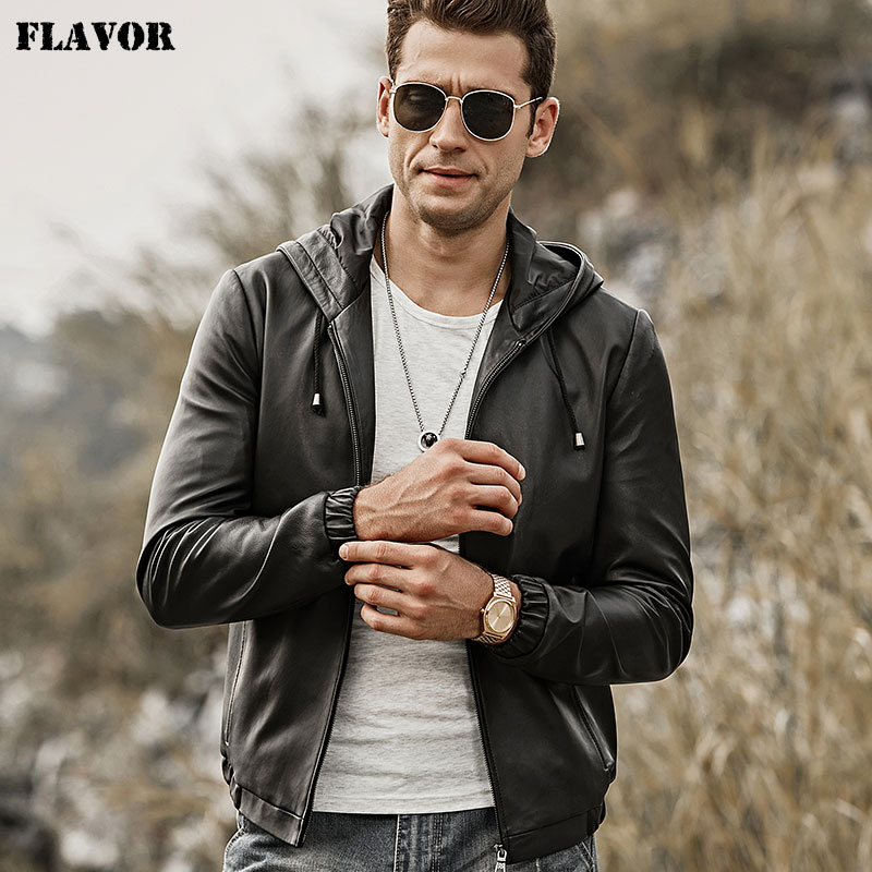 Haining leather jacket men's short hooded casual men's sheep leather jacket coat slim coat trend