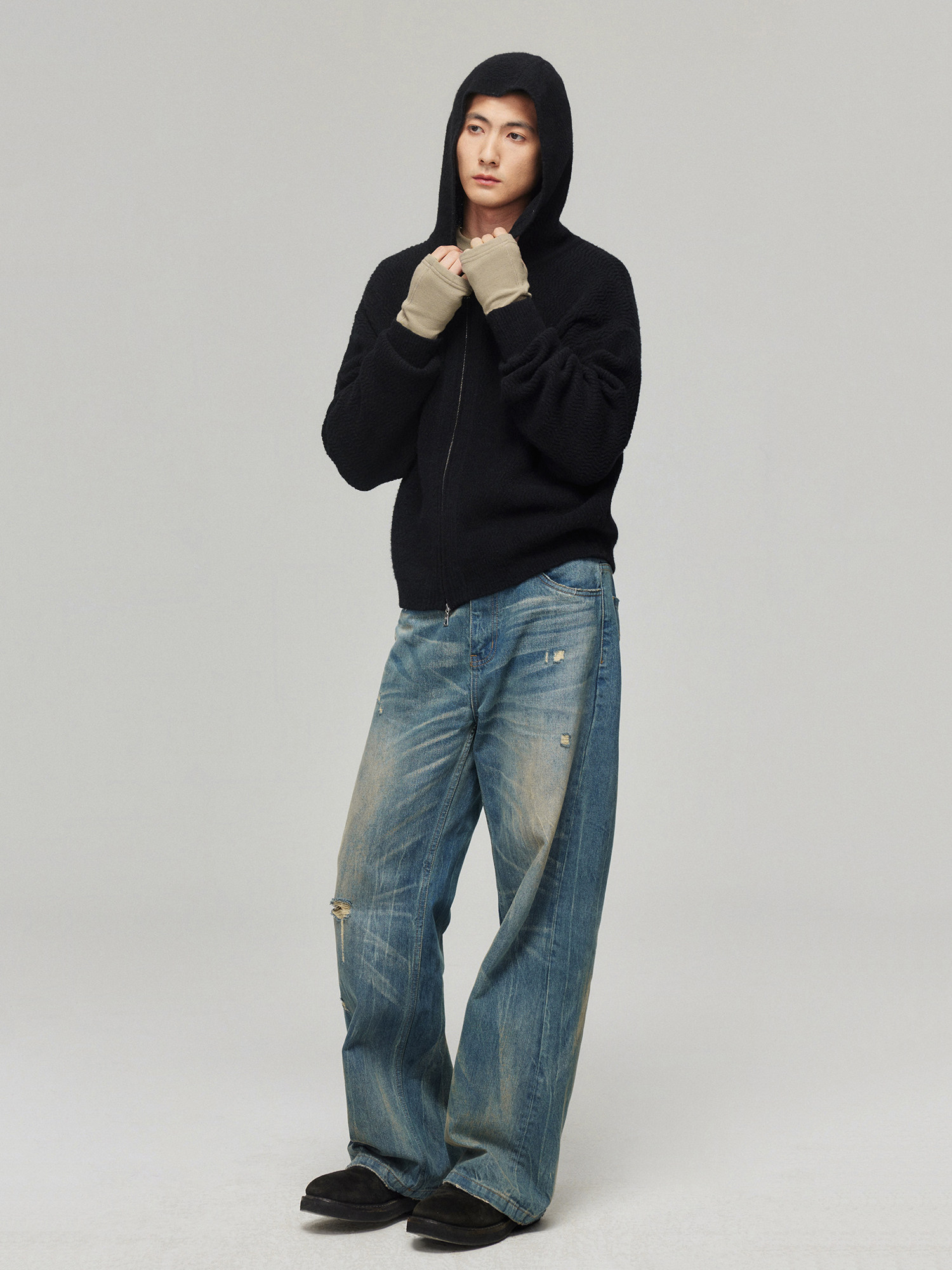 Simple project wool blend tuck-front zip-up hoodie: a fall and