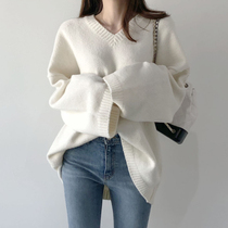 White V-neck loose pullover sweater female lazy Korean knitwear shirt top long sleeve autumn and winter wear thickened