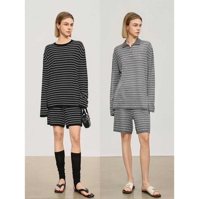 Viseman Soft and Skin-Friendly Polo/Crew Neck T-Shirt + Shorts Two-Piece Set for Women, Casual Spring and Autumn Striped Suit Viseman Soft and Skin-Friendly Polo/Crew Neck T-Shirt + Shorts Two-Piece Set for Women, Casual Spring and Autumn Striped Suit