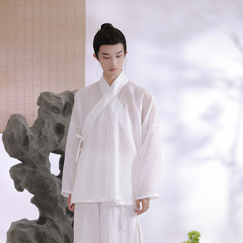 Linen Han Dynasty Mid-Coat with Thin Cotton and Linen Daily Lining Chinese Style Bottoming Shirt Taoist Uniform Same Style for Men and Women in Summer