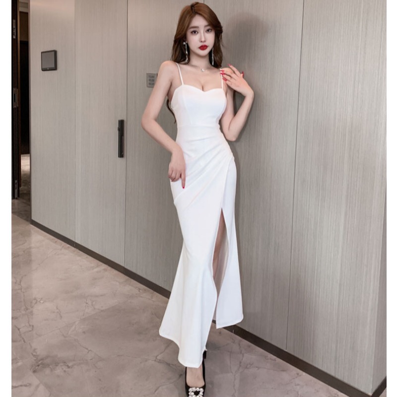 White Long Spaghetti Strap Dress with Slit, Birthday Party Evening Dress, Sexy, Light Luxury, Niche, High-End Fishtail Dress