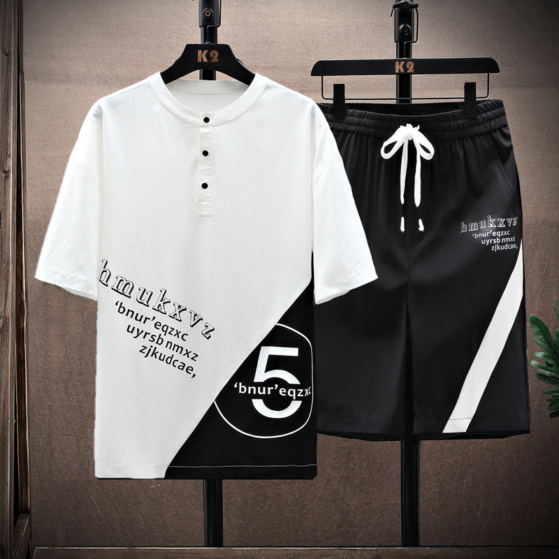 2021夏季休闲运动套装男两件套帅气短袖短裤宽松衣服 T321-P45